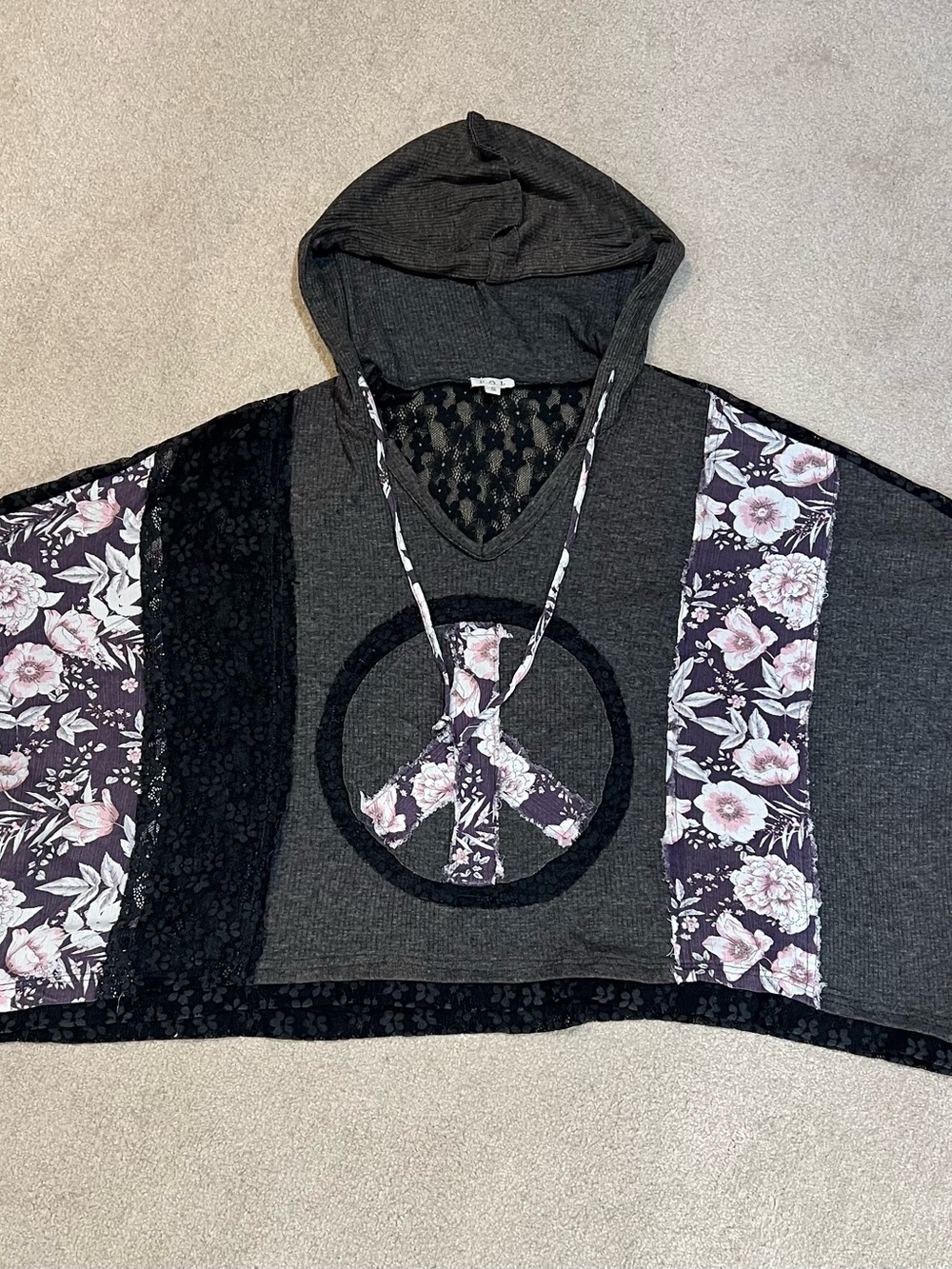 Gray Hooded Women's Top with Floral Panels